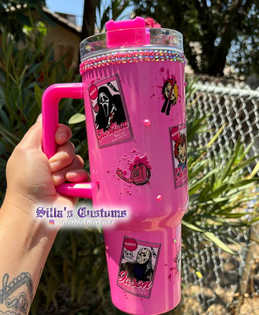 Pink Horror Shimmer 40oz Tumbler w/ rhinestones